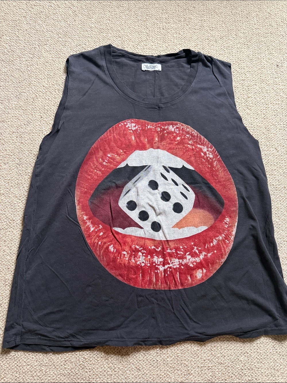 Lauren Moshi Dark Gray Graphic Muscle Tee with Red Lips and Dice
